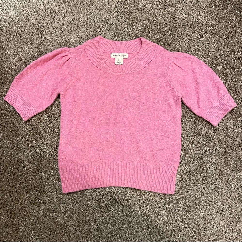 Happily Grey Pink Short Puff Sleeve Sweater